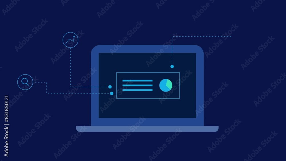 Information management and data analytics, business intelligence software display data driven business report on laptop screen, video animation. Information management and data analytics, business intelligence software display data driven business report on laptop screen, video animation.