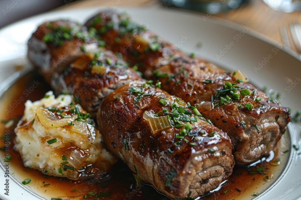 Rinderrouladen - Beef rolls filled with mustard, pickles, and onions, served with mashed potatoes.