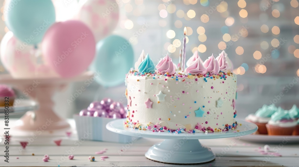 Enchanting Celebration Cake with Pastel Icing and Festive Sprinkles Against Sparkling Background Enchanting Celebration Cake with Pastel Icing and Festive Sprinkles Against Sparkling Background