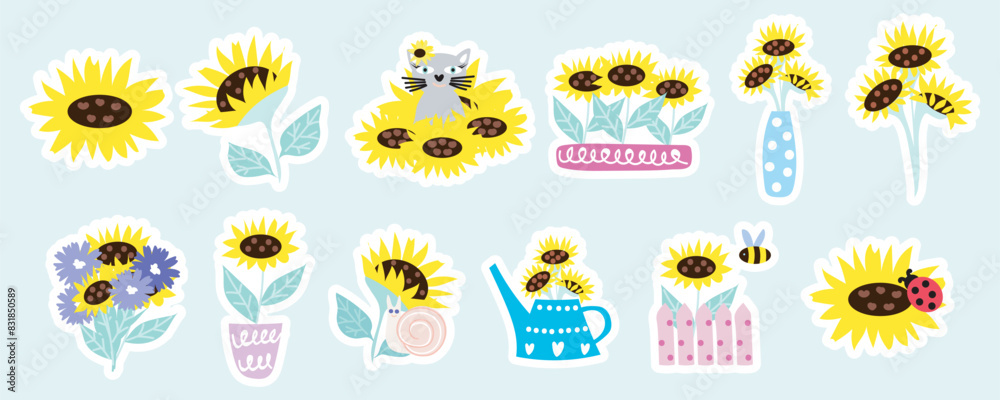 Sunflowers illustrations in vector.Sunflower cartoon illustration. Sunflower clipart.