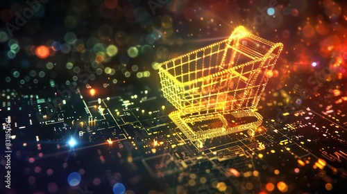 An abstract CGI background featuring a glowing shopping cart icon in WEB3 colors, with digital particles and light effects adding depth and dimension to the image.