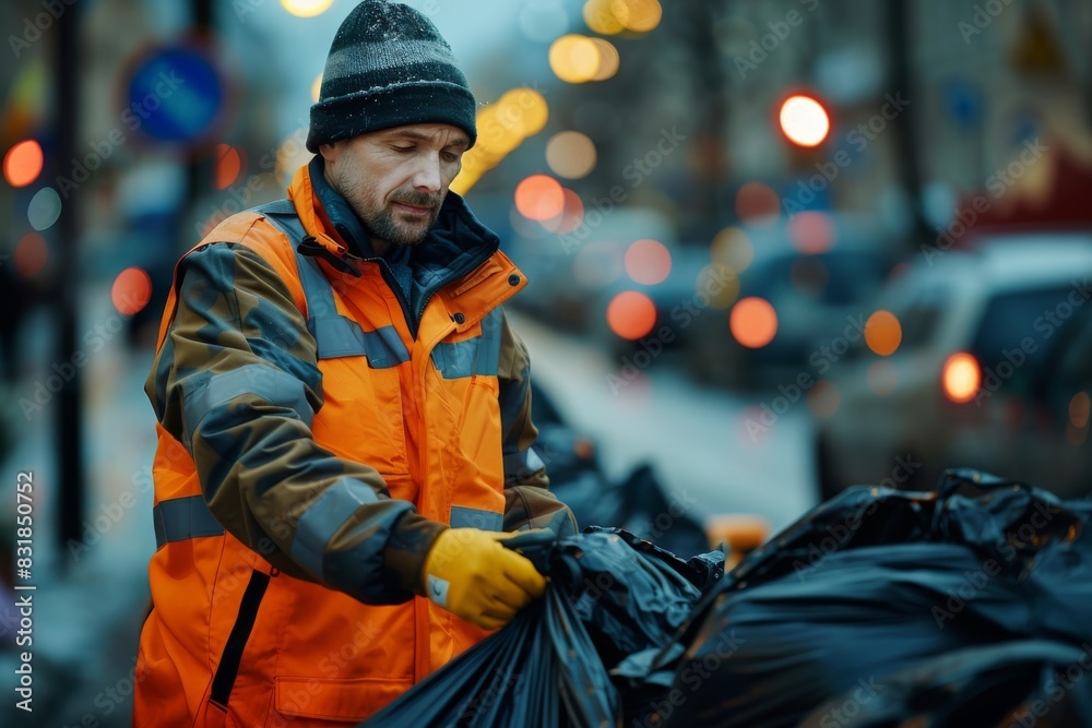 A man in an orange vest is sorting through trash bags A man in an orange vest is sorting through trash bags