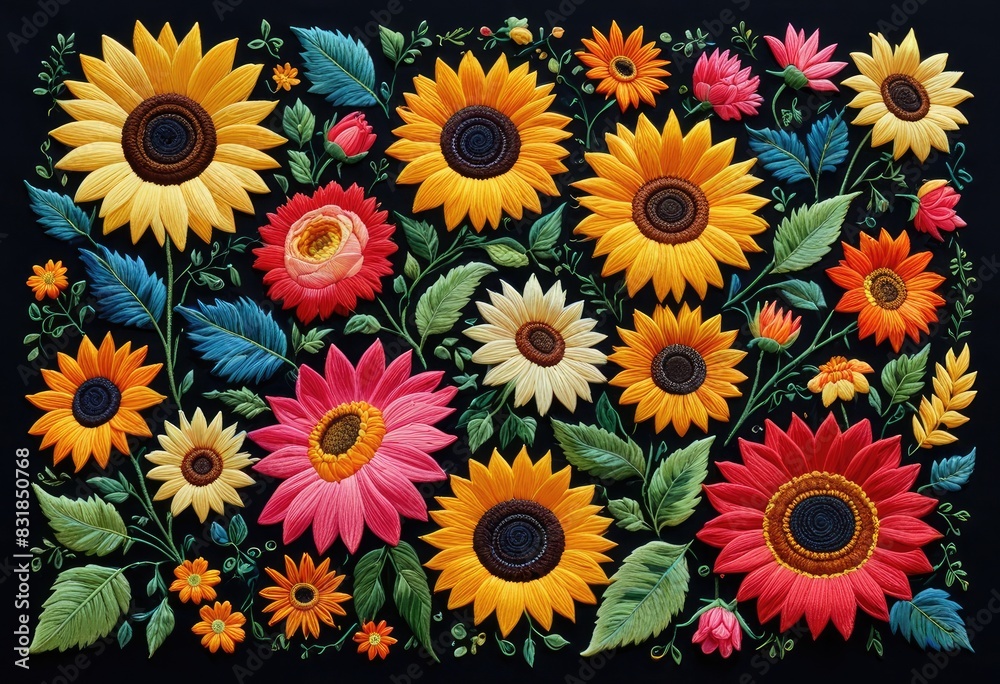 An intricate and colorful embroidery design featuring a variety of flowers such as roses, daisies, and sunflowers on a dark canvas, highlighting the vibrant colors and detailed stitching An intricate and colorful embroidery design featuring a variety of flowers such as roses, daisies, and sunflowers on a dark canvas, highlighting the vibrant colors and detailed stitching