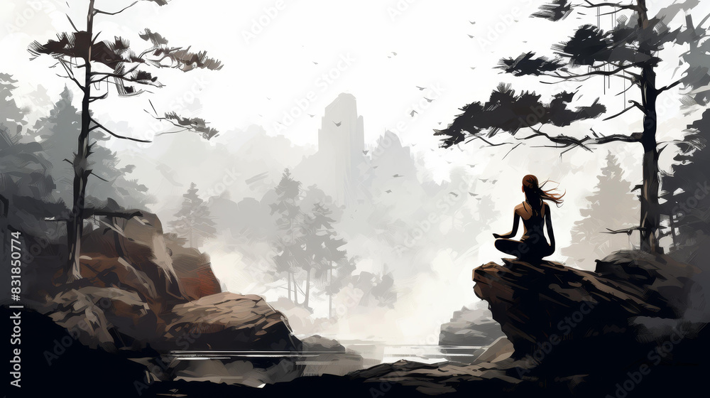 Relaxing illustration of a woman doing yoga in nature, in graceful poses with clean backdrop. Relaxing illustration of a woman doing yoga in nature, in graceful poses with clean backdrop.