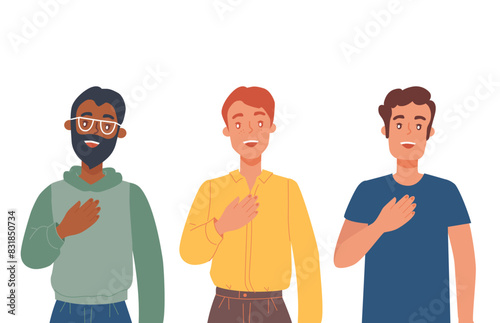 Sincere smiling men hold their hands on their chests. Sign of recognition and gratitude. Vector flat illustration. 