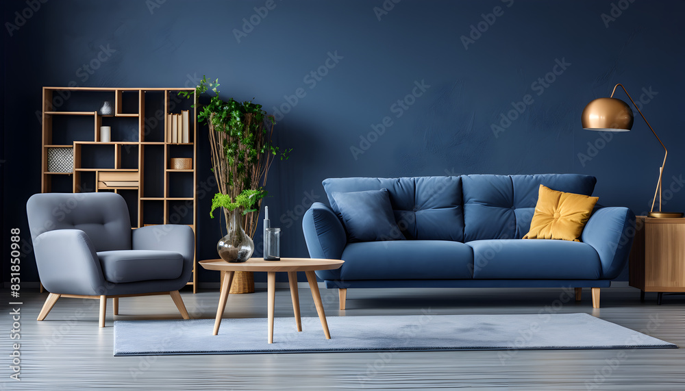 Fototapeta premium Dark blue sofa and recliner chair in sanding, Sophisticated Seating: Dark Blue Sofa and Recliner Chair Pairing in Sanding