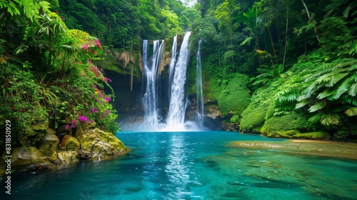 A pristine waterfall cascades into a turquoise pool  surrounded by vibrant foliage and exotic flowers.
