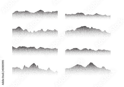 Dotted mountains silhouette set. Hill and rock nature landscape dotwork