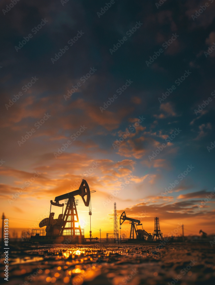 Sunset casts a golden rays over an oil rig in the desert.