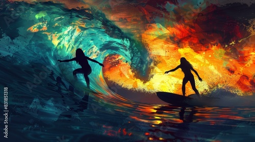 Enjoy the adrenaline rush of catching the perfect wave with abstract silhouette art of a woman and girl surfing.