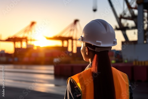 Woman wearing a safety helmet and vest observing shipping containers at an industrial port during sunset.