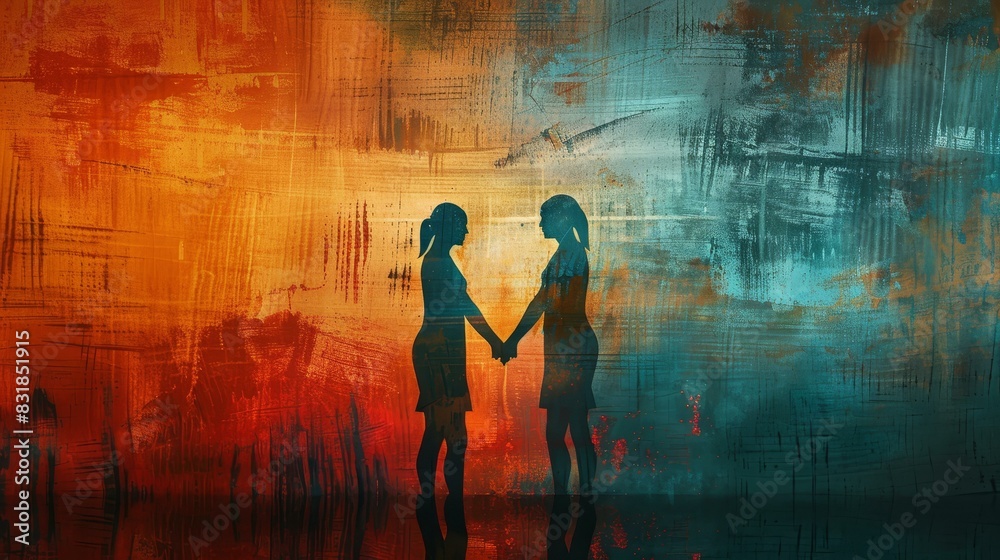 Obraz premium Digital illustration of a woman embracing a friend, symbolizing supportive companionship and solidarity in unity.