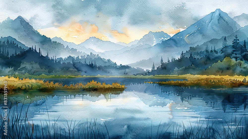 Watercolor painting of a lake and mountains in autumn