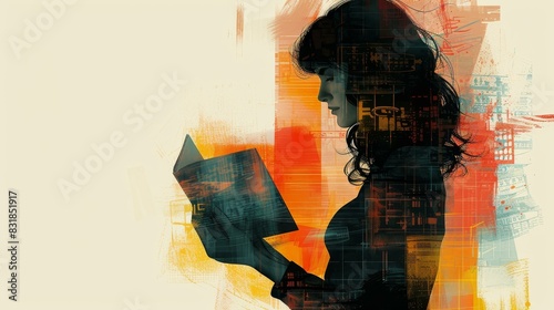 Intriguing digital illustration of a woman with a sticker album evoking nostalgic memories and cherished collections.