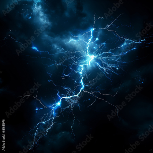 Electric blue thunderbolt strike at night - Intense lightning crack during a storm with a magical energy flash. © Skip Monday