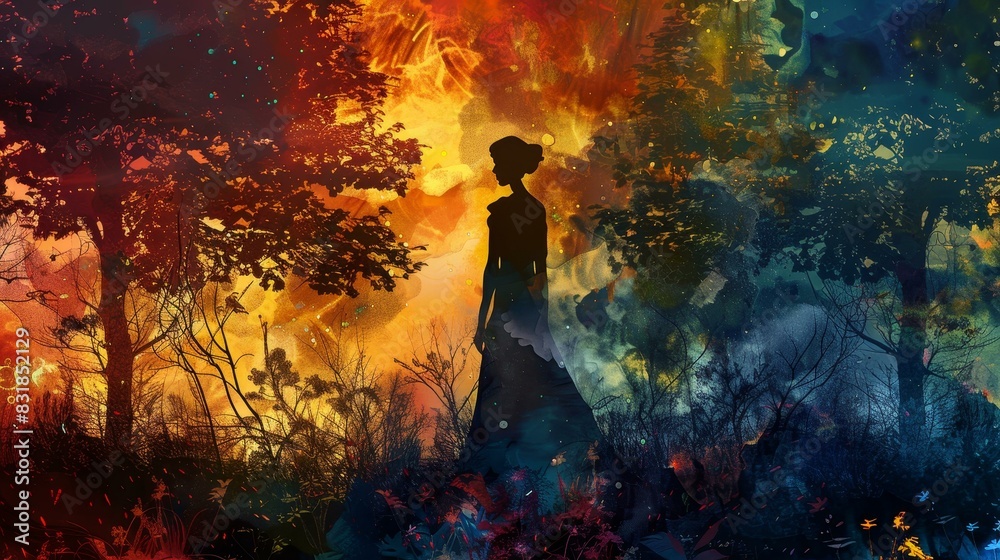Enchanting digital artwork of a womans silhouette in a whimsical forest setting with vivid colors and surreal elements. Enchanting digital artwork of a womans silhouette in a whimsical forest setting with vivid colors and surreal elements.