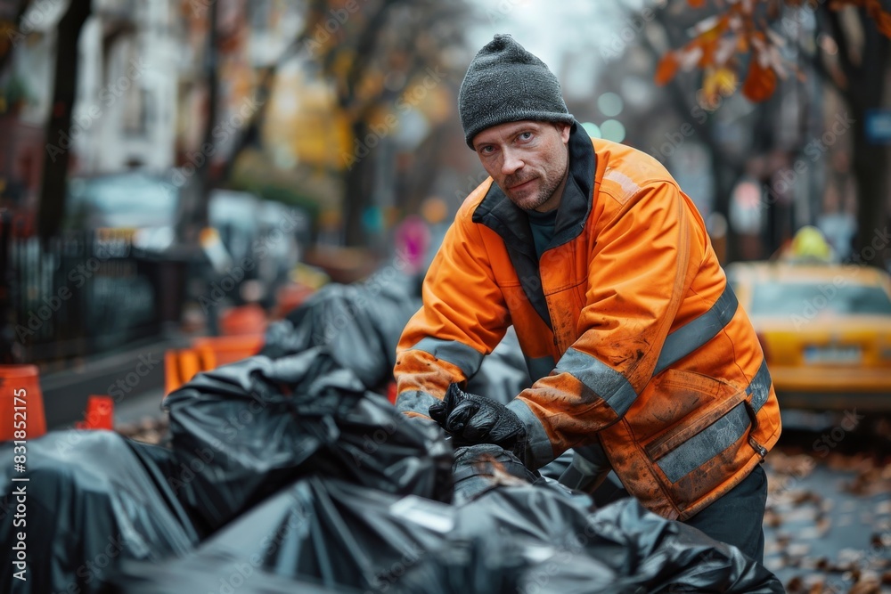 A man in an orange vest is sorting through trash bags A man in an orange vest is sorting through trash bags
