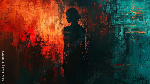 Eerie digital art of a woman in a horror outfit against a haunted backdrop, spooky and chilling atmosphere. © ChimE