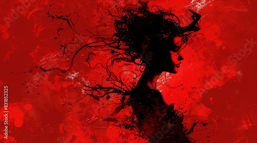 Digital illustration of a mischievous woman in devil costume, capturing wickedness and allure in vibrant red hues. photo