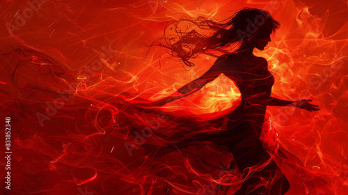 Digital illustration of a mischievous woman in devil costume, capturing wickedness and allure in vibrant red hues. photo