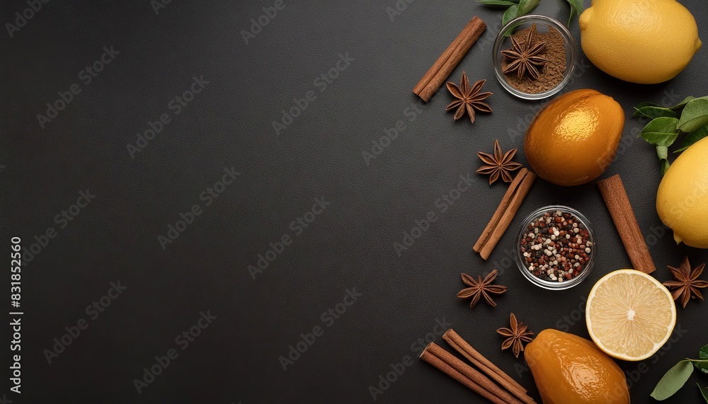Top view of spices and fruits on dark background with copy space Top view of spices and fruits on dark background with copy space