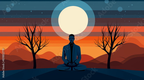 Peaceful illustration of a meditating yogi in nature exuding tranquility and calmness.