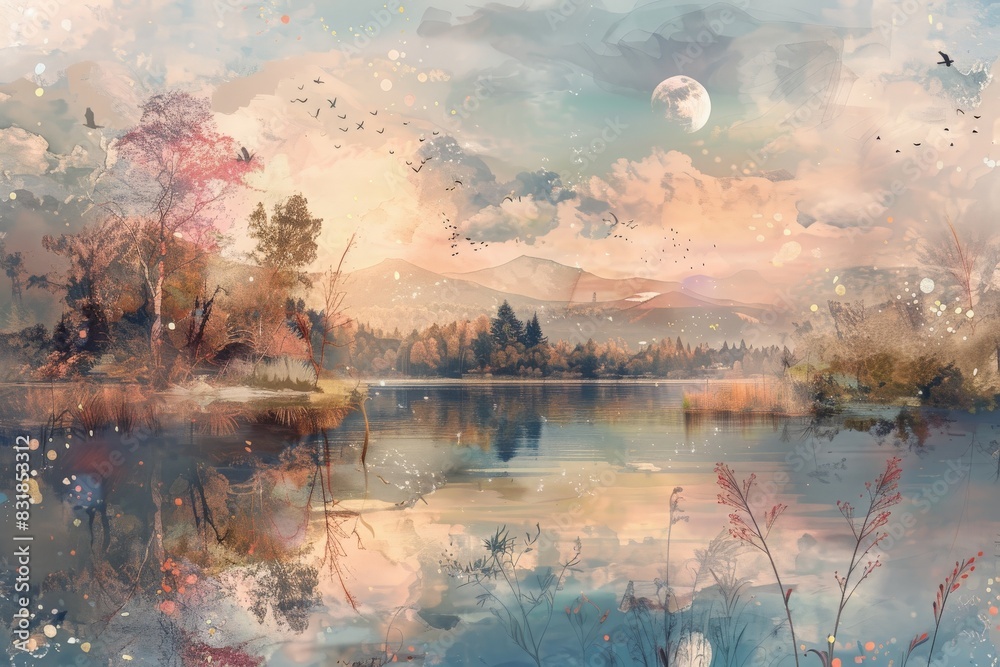 A dreamy landscape painted in rich watercolors, featuring a serene lake reflecting the ethereal glow of a two-mooned sky, with delicate flora and fauna adding a touch of whimsy to the tranquil scene