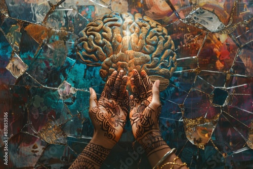 A portrayal of hands adorned with intricate henna designs, weaving a golden brain structure that radiates light, surrounded by a mosaic of shattered glass pieces reflecting the spectrum of human emoti photo