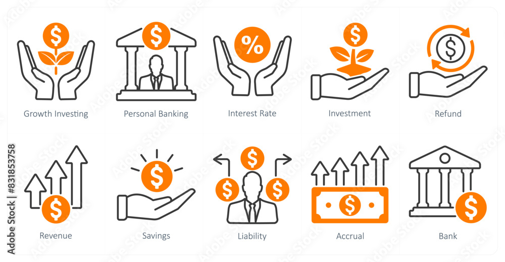 A set of 10 banking icons as growth investing, personal banking, interest rate A set of 10 banking icons as growth investing, personal banking, interest rate