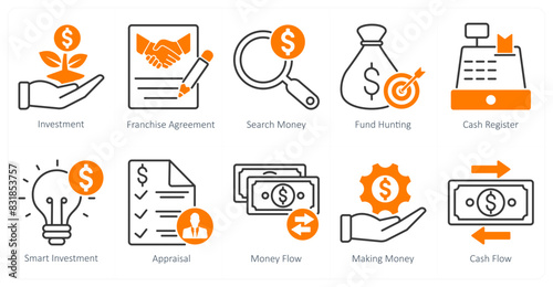 A set of 10 banking icons as investment, franchise agreement, search money