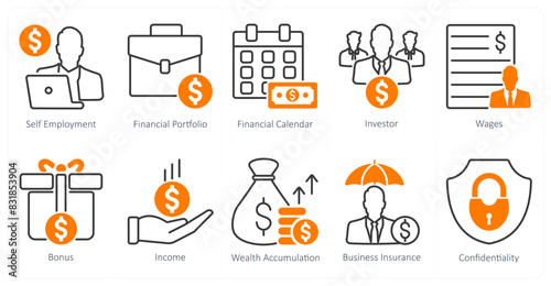 A set of 10 banking icons as self employment, financial portfolio, financial calendar