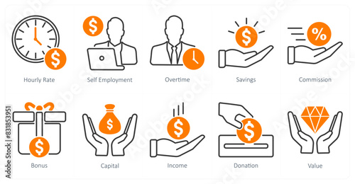 A set of 10 banking icons as hourly rate, self employment, overtime