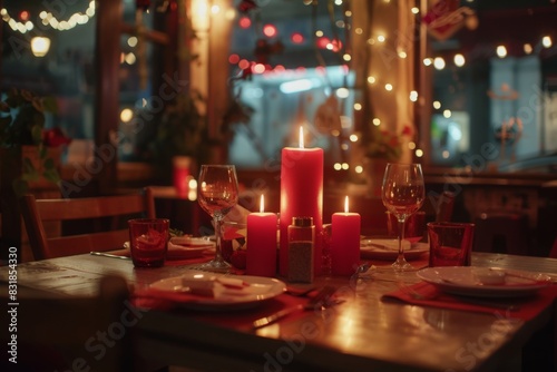 Romantic dinner setup  red decoration with candle light in a restaurant. Selective focus. Vintage color