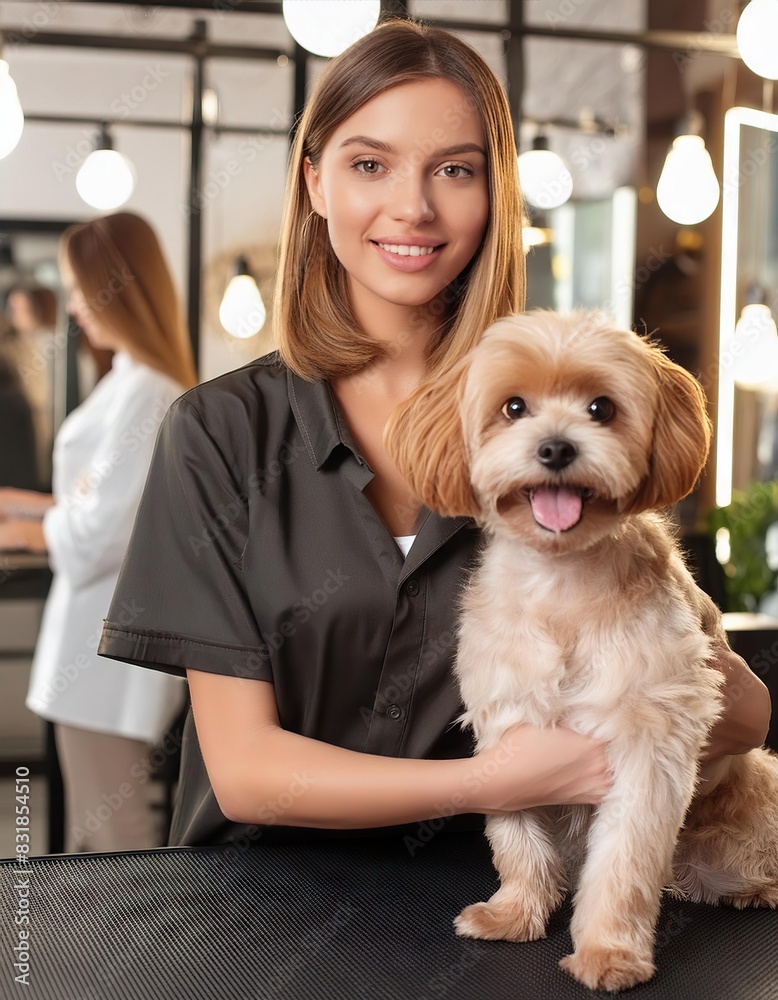 woman groomer with cute dog in modern salon woman groomer with cute dog in modern salon