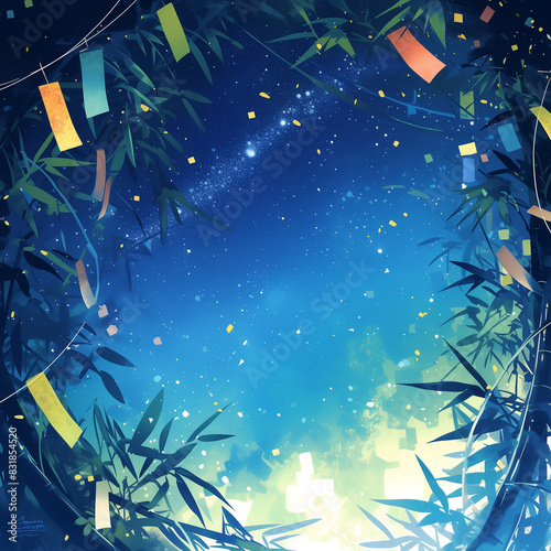 Frame illustration of Tanabata bamboo decoration and night sky - 七夕の竹飾りと夜空のフレームイラスト