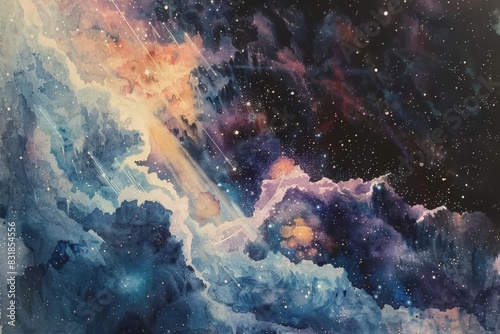 A cosmic setting in watercolors, showing a nebula birthing stars, with a touch of cybernetic enhancements to the celestial bodies