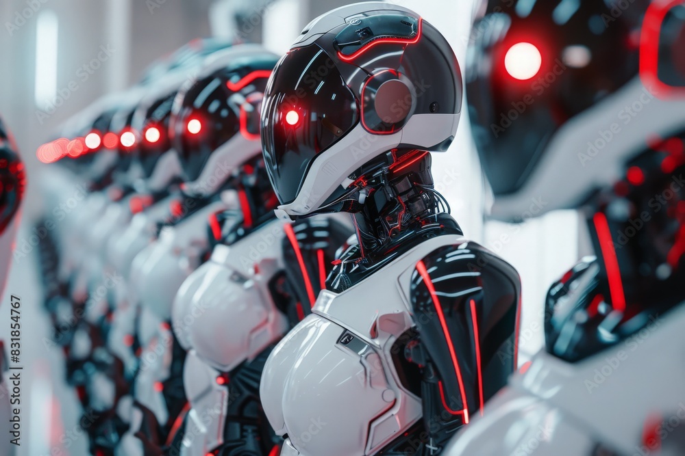 A scene that merges the Renaissance art style with futuristic elements, featuring cyborgs in classic poses and attire A scene that merges the Renaissance art style with futuristic elements, featuring cyborgs in classic poses and attire