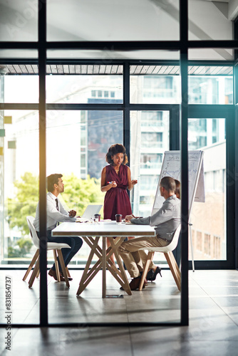 Business people, woman or presentation with chart in conference room for company growth statistics or annual sales graph. Speaker, employee or infographics with data analysis for finance in boardroom