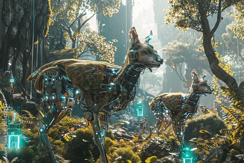 A hyper-realistic image of a futuristic wildlife sanctuary where animals are enhanced with robotic prosthetics and bioluminescent details, set against a transparent background