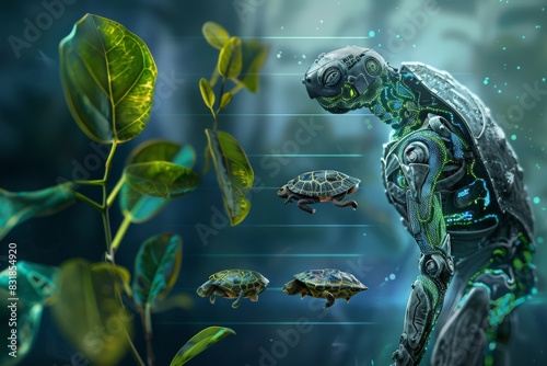 A series of images showing the evolution of a species from purely organic to fully cybernetic, highlighting the seamless integration of technology and biology, on a transparent background  photo