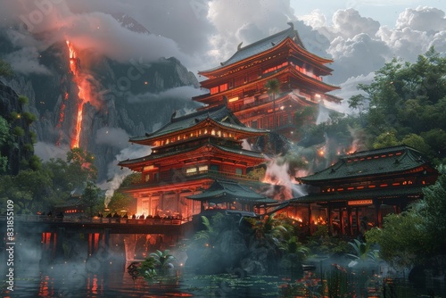 A temple where monks meditate at the convergence of four biomes – a fiery volcano, a serene lake, a whispering forest, and a stormy sky – each biome housing its own elemental spirit