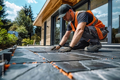 A worker in an orange vest is laying down on the ground