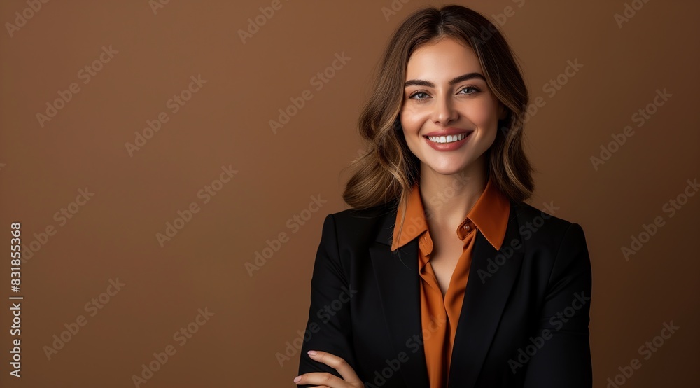 portrait of a beautiful young business woman smiling in a black suit on a dark background portrait of a beautiful young business woman smiling in a black suit on a dark background