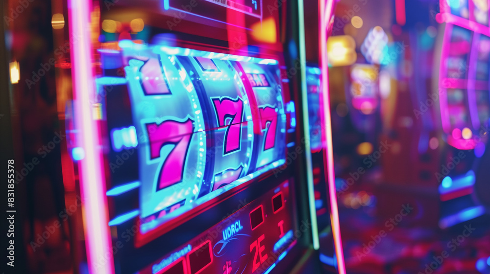 Detailed view of slot machine reels landing on a winning combination, highlighting the vibrant colors and lights that celebrate a jackpot win in a casino.