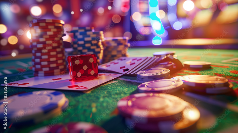 A vibrant display of colorful poker chips stacked on a table with a bokeh background, capturing the lively and festive atmosphere of a casino setting. A vibrant display of colorful poker chips stacked on a table with a bokeh background, capturing the lively and festive atmosphere of a casino setting.