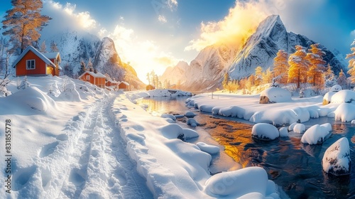 Beautiful winter landscape with snow-covered mountains, river, and cozy cabin under a vibrant sunset. Tranquil and serene nature scene.