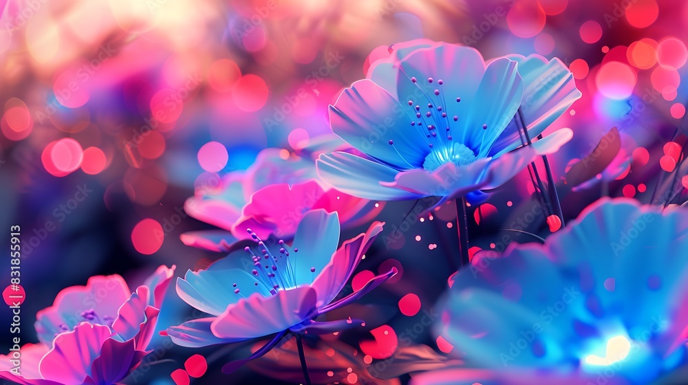 A digital garden of pink and blue neon flowers, their petals emitting bokeh light pollen A digital garden of pink and blue neon flowers, their petals emitting bokeh light pollen