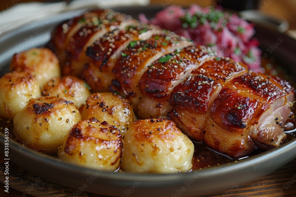 Schweinshaxe - Roasted pork knuckle with crackling skin, served with dumplings and sauerkraut.