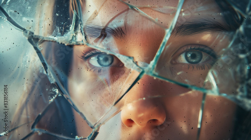 The face of a woman is reflected on the surface of a broken mirror, its features distorted and divided by the cracked glass. It is a symbolic reflection of her inner conflict and weakness. photo