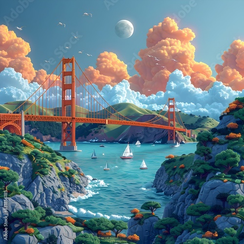 Vibrant D Isometric of the Golden Gate Bridge Celebrating the Love for Californias Iconic Landscape photo